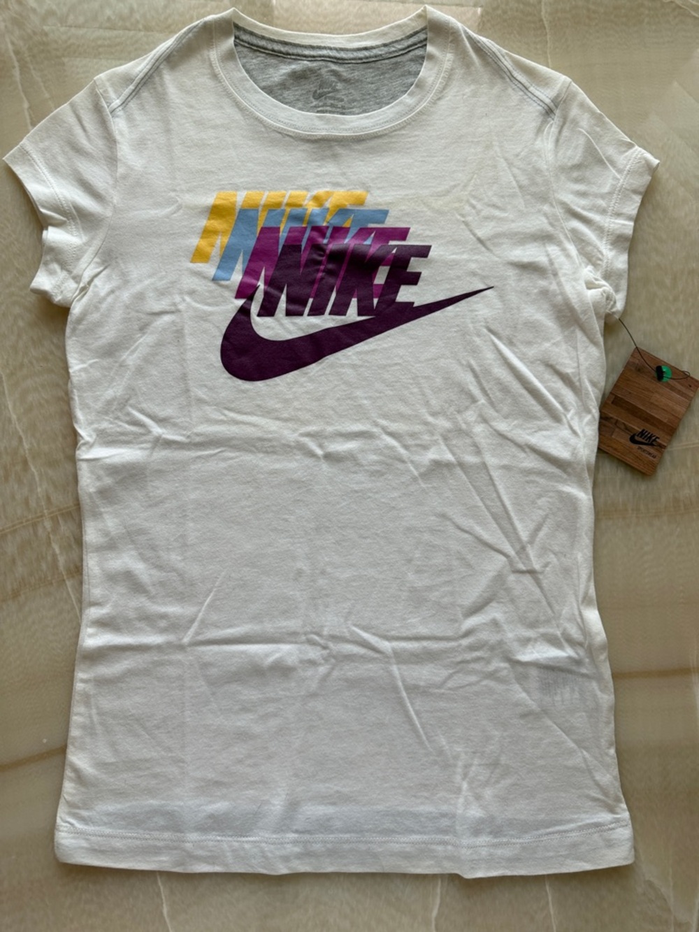 Nike Vintage White Short Sleeve Tee with Purple Blue and Yellow Graphic